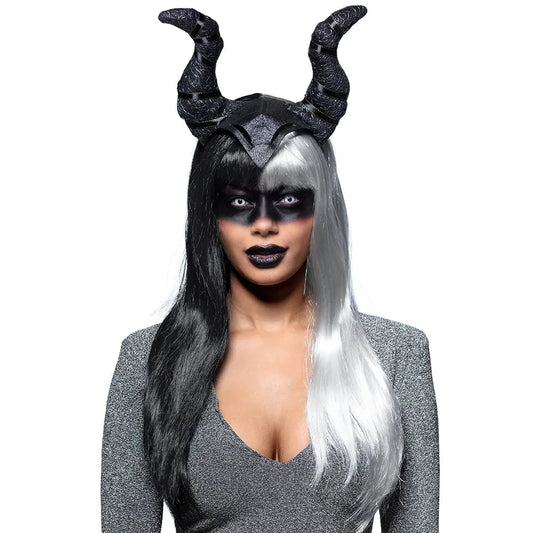 Schwarzes Diadem mit Hörnern auf einer bequemen Kappenbasis für Kostüme.