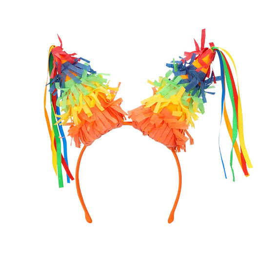 Bunte Boland Piñata Haarband mit Regenbogen-Papierstreifen für Karneval.