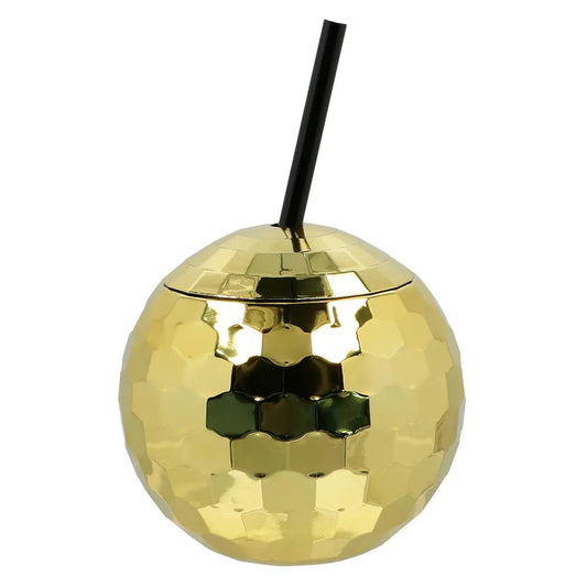 Goldener Discokugel-Becher mit Strohhalm, 600 ml, spiegelnde Oberfläche, Party-Design