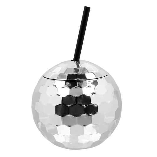 Silberner Disco Ball Trinkbecher aus Edelstahl mit Strohhalm, 600 ml Fassungsvermögen