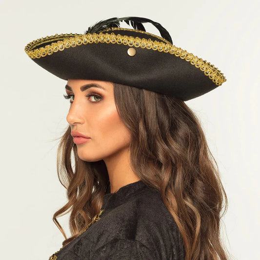 Roter Dreispitz Piratin Hut aus Wollfilz mit drahtgefertigtem Rand und satiniertem Band.