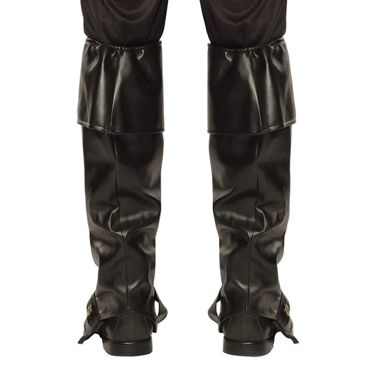 Schwarze wasserabweisende Stiefelüberzieher aus Kunstwildleder mit elastischem Rückenverschluss.