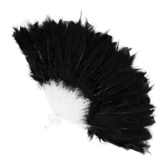 Schwarzer 23cm Fächer mit Straußenfedern im Vintage-Stil, elegant und handgefertigt.