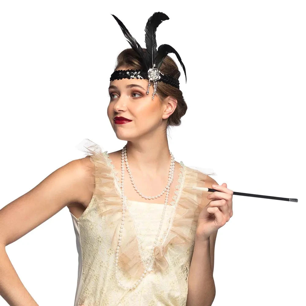 Boland Flapper Kostüm Set mit Stirnband, Halskette und Zigarettenspitze in glamourösem Stil.