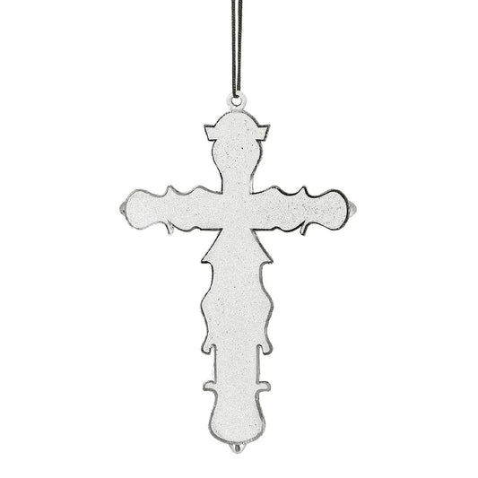Silberne Halskette mit Priesterkreuz und feinen Rosendetails an langer Kette.