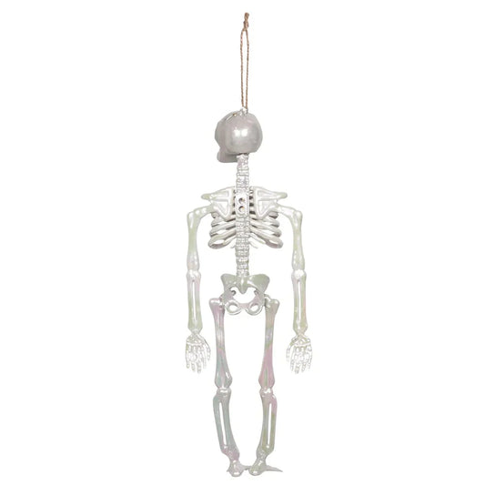 Iridescent mother-of-pearl skeleton hanging decoration, 32cm tall.