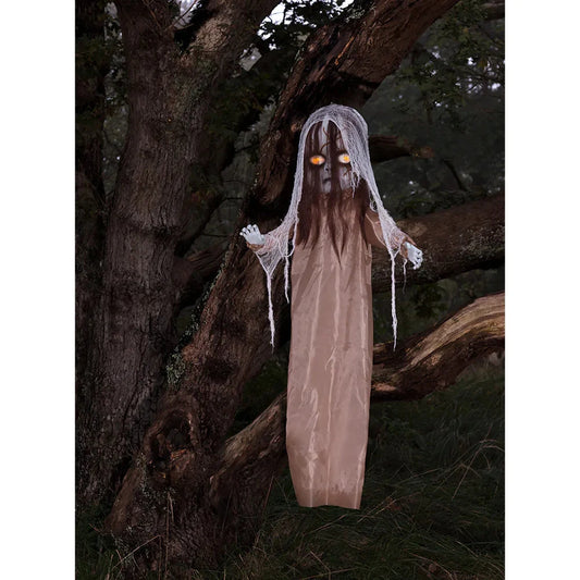 Animiertes Hängemonster mit roten Augen, Sound und Licht für Halloween-Deko.