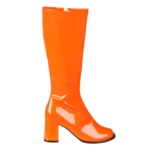 Boland Damenstiefel Orange Patent Leder kniehoch mit Blockabsatz – Produktansicht