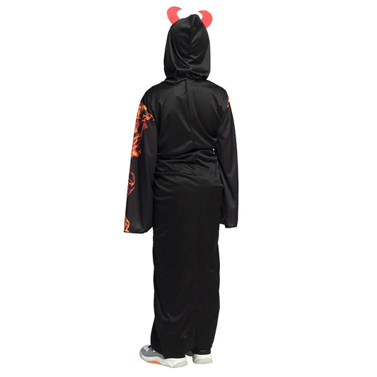 Kinderkostüm in leuchtendem Rot mit Teufelshörnern und Skelettmuster für Halloween.