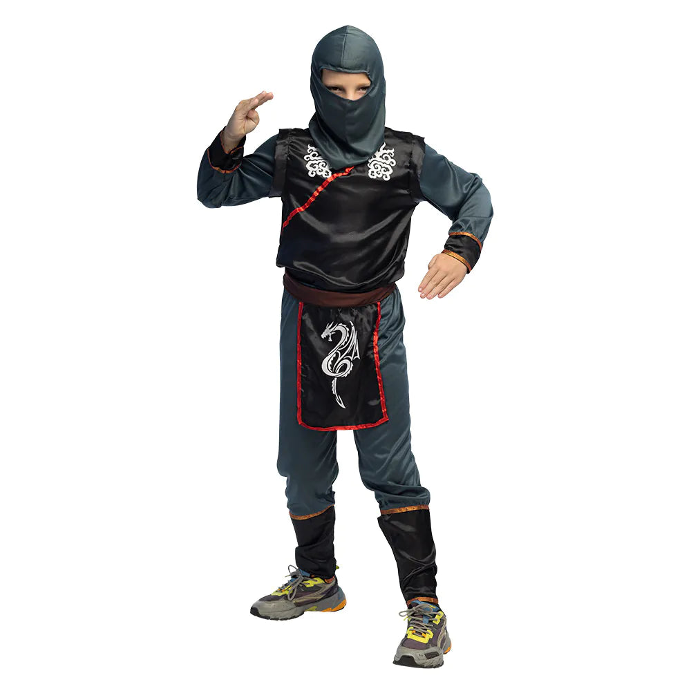 Schwarzes Ninja-Kinderkostüm aus Polyester mit Kapuze, Gürtel und elastischen Hosen.
