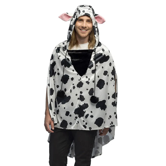 Boland Kuh Poncho für Erwachsene mit Kapuze und Kuh-Print in Schwarz und Weiß.
