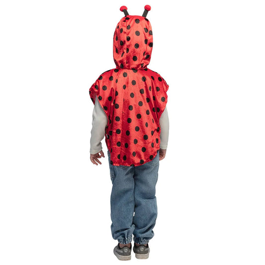 Roter Kinderponcho mit schwarzen Marienkäferpunkten und Antennen-Haarreif für 3-4 Jahre.