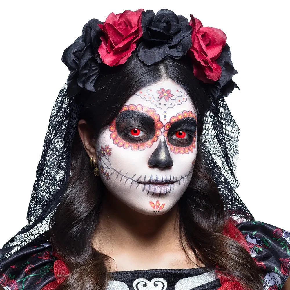 Rote Monatskontaktlinsen in leuchtendem Rot für Kostüme und Halloween-Events.