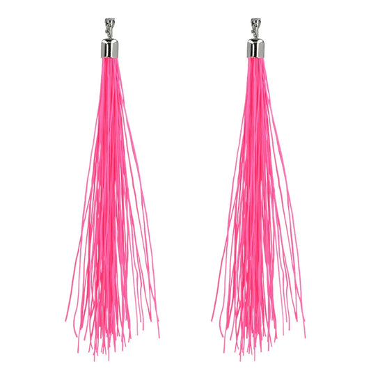 Neon-pinke Clip-On Ohrringe mit 20 cm langen Tropfen für Festivals und Partys.