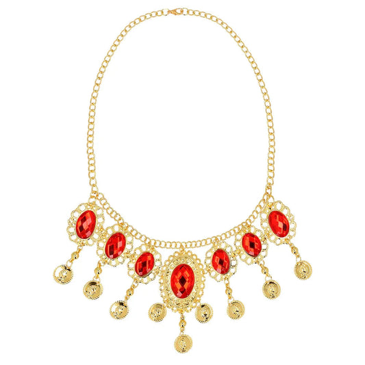 Goldfarbene Halskette mit Rubin-Imitatsteinen im orientalischen Design von Boland.