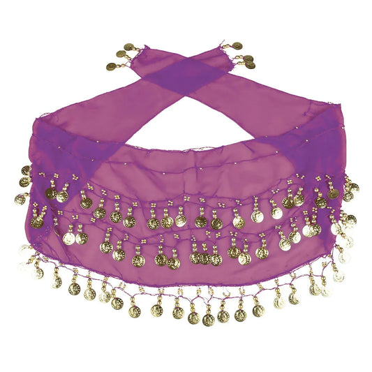Violettes Bauchtänzer-Kostüm mit Haartuch, glitzernden Armbändern und verstellbarem Hüftschmuck