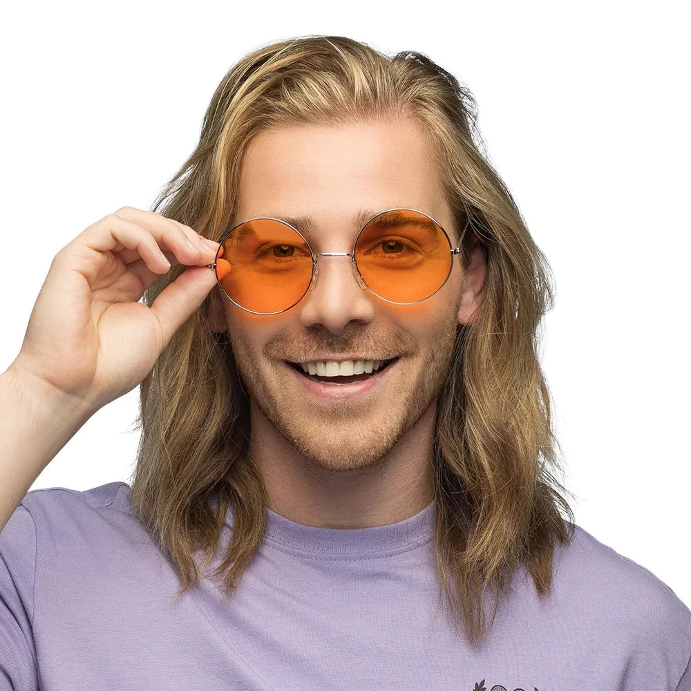 Runde, orangefarbene Sonnenbrille mit UV400-Schutz im Retro-Stil für Partys.