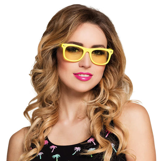 Bunte Disco-Brille in Neonfarben mit UV400 Schutz im 80er Jahre Hippie-Stil.