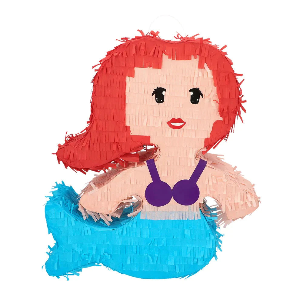 Bunte Meerjungfrau-Piñata mit rotem Haar und Glitzer-Schwanz, 39 cm groß.