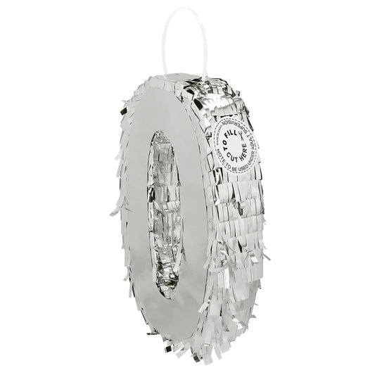 Silberne Piñata Zahl 0 aus metallic Karton mit 5 cm Tiefe als Geburtstagsdeko