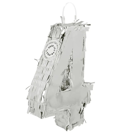 Silberne Piñata in Form der Zahl 4 aus Karton, 25x16x5cm, für Partys und Feiern.