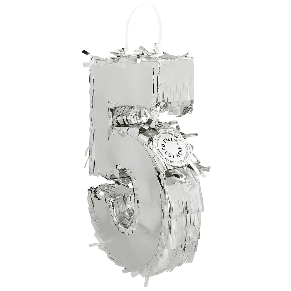 Silberne Piñata in Form der Zahl 5 aus Metallic-Folie und Karton, 25x16x5 cm groß.