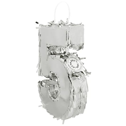 Silberne Piñata in Form der Zahl 5 aus Metallic-Folie und Karton, 25x16x5 cm groß.