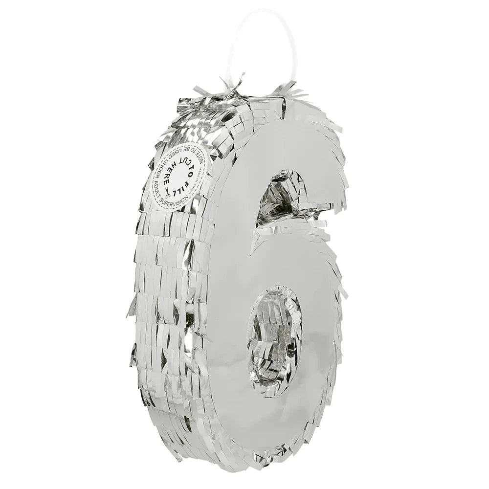 Silberne Piñata in Form der Zahl 6 mit metallischem Finish, 25 cm groß, Partydeko