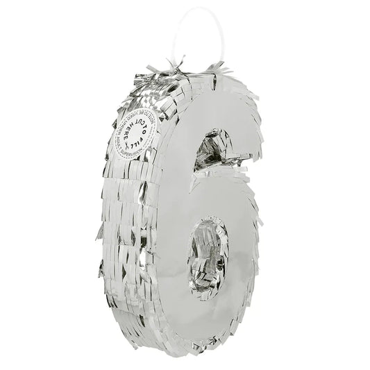 Silberne Piñata in Form der Zahl 6 mit metallischem Finish, 25 cm groß, Partydeko