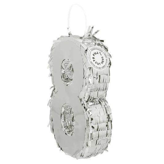 Silberne Piñata in Form der Zahl 8, 25x16x5cm, aus stabiler Pappe für Geburtstagsfeiern.