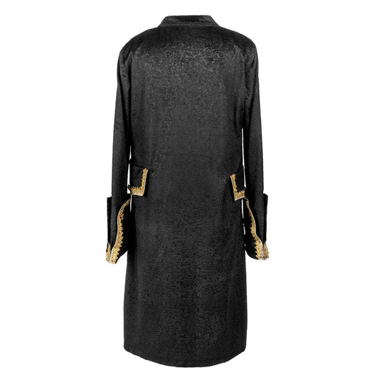 Schwarzer Piratenmantel für Damen mit goldener Borte und versteckter Innentasche.