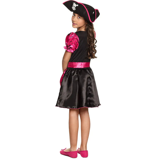 Mädchen Piratenkostüm in Schwarz mit goldenen Akzenten und Totenkopfprint für 4-6 Jahre.