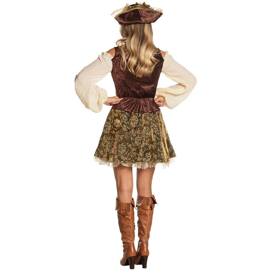 Piratenkostüm für Frauen in Spitze und Kunstleder, schwarz mit roten Akzenten und Korsett.