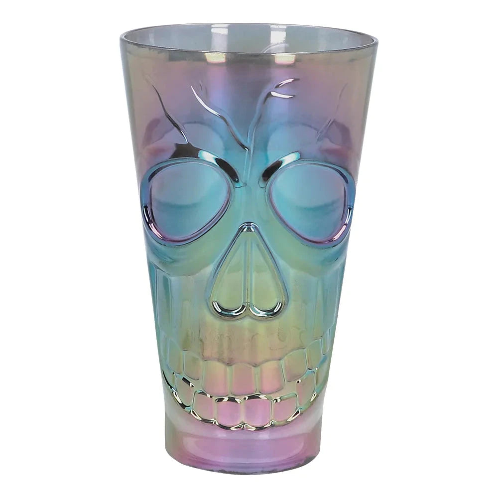 Large iridescent skull goblet made of plastic, 600ml capacity for Halloween.