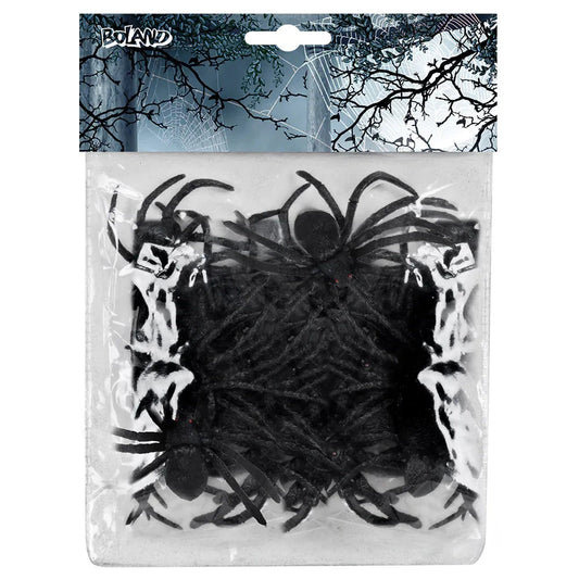 Pack of 12 realistic black rubber spiders in plastic packaging for Halloween decorations.