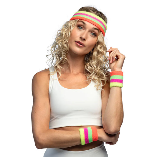 Boland Neon Multicolor Sweatbands Set mit einem bunten Stirnband und zwei Armreifen.