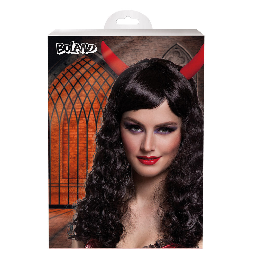 Boland Teufelperücke – Schwarze Partyperücke mit Roten Hörnern - Fasnacht24.ch
