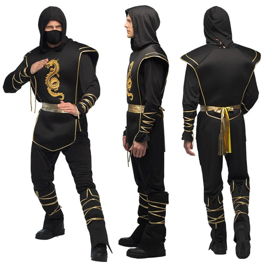 Schwarzer Kapuzenoverall für Männer im Ninja-Stil mit Rüstungsteilen und verstellbarem Gürtel.