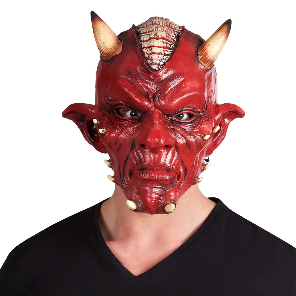 Boland Teufel Maske aus rotem Latex mit Hörnern und realistischen Details für Halloween.