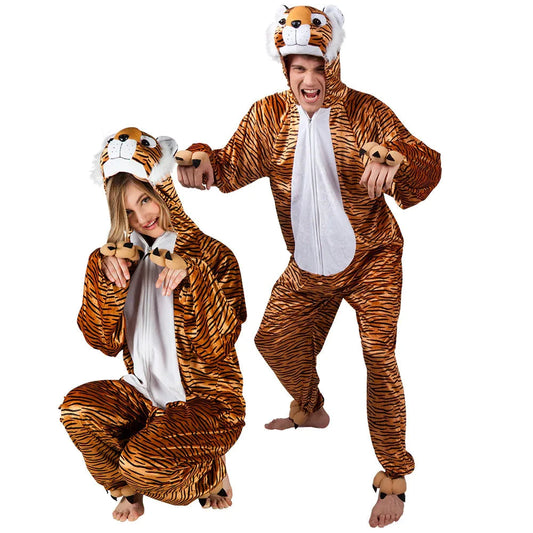 Boland Plüsch Tiger Kostüm – Unisex Tier Jumpsuit mit Kapuze - Fasnacht24.ch