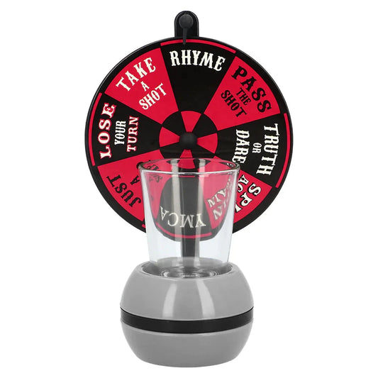 Bunte Trinkspiel-Drehscheibe mit Schnapsglas und 16 verschiedenen Aktionen für Partys.