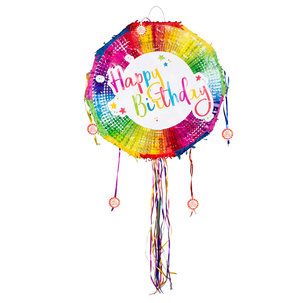 Bunte Happy Birthday Piñata mit Zugbändern aus Pappe, 44x44 cm, zum Aufhängen.