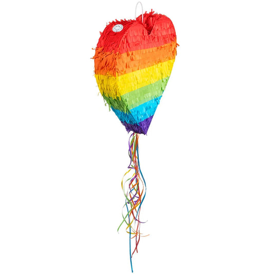 Große Herz-Piñata in Regenbogenfarben mit Zugbändern für sicheres Spielen und viele Süßigkeiten.