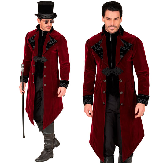 "BORDEAUXROTER GOTHIC MANTEL AUS SAMT" – Vorderansicht