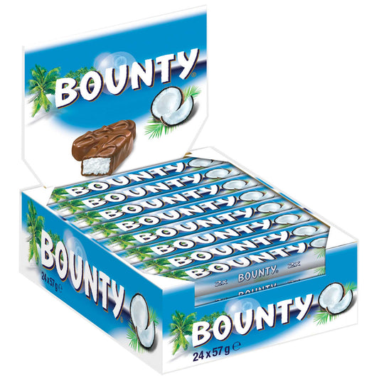 Bounty Riegel 24x57g Verpackung und Einzelriegel
