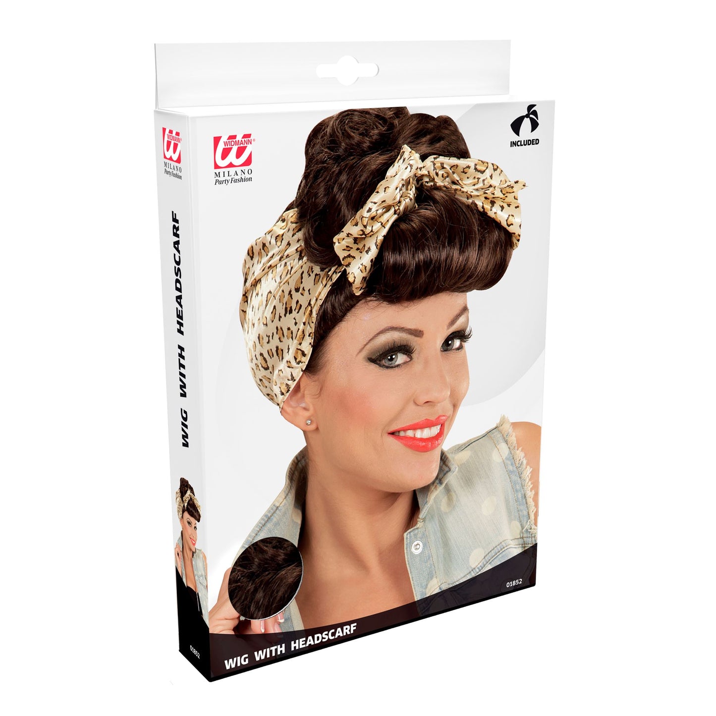 "BRAUNE ROCKABILLY PIN UP GIRL PERÜCKE MIT HAARBAND MIT LEOPARDENMUSTER" in Box – Detailansicht