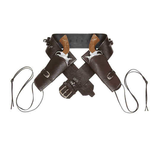 "BRAUNER DOPPELTER WESTERNPISTOLENHOLSTER" aus Kunstleder – Vorderansicht