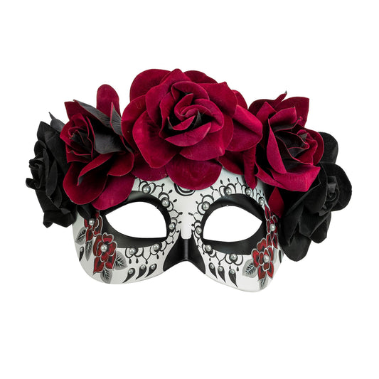 "DIA DE LOS MUERTOS AUGENMASKE MIT SCHWARZEN & DUNKELROTEN ROSEN" – Vorderansicht