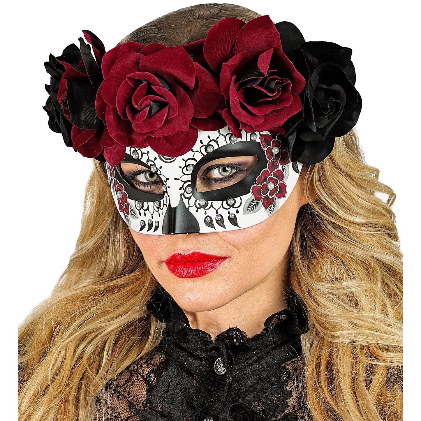 "DIA DE LOS MUERTOS AUGENMASKE MIT SCHWARZEN & DUNKELROTEN ROSEN" – Ansicht 4