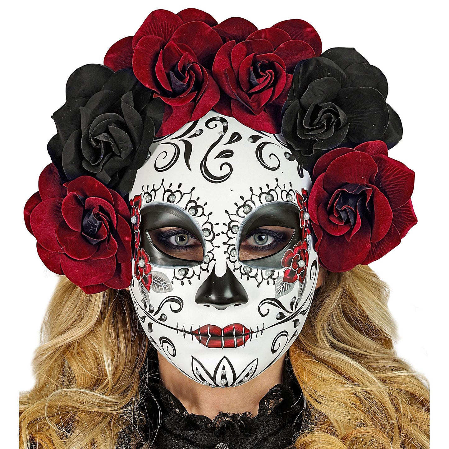 "DIA DE LOS MUERTOS MASKE MIT SCHWARZEN UND DUNKELROTEN ROSEN" – Ansicht 3